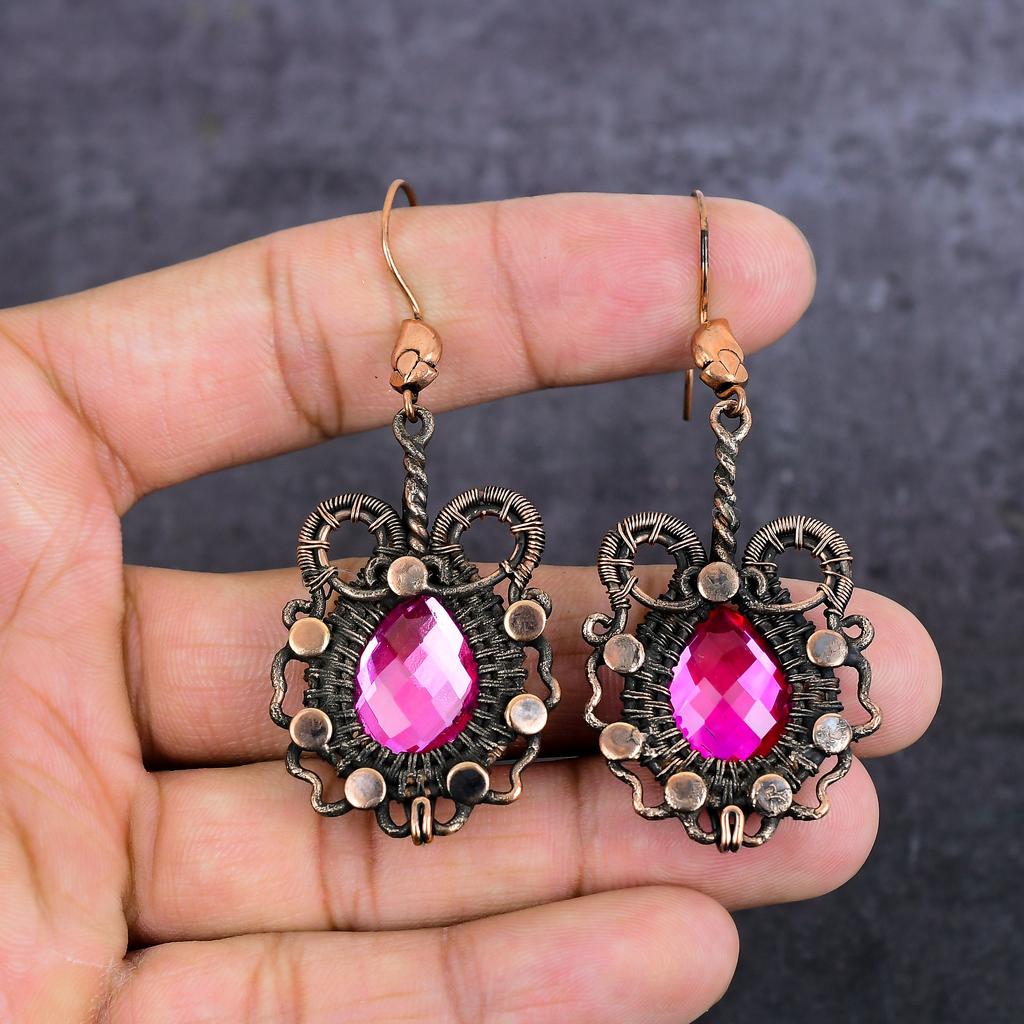 Pink Rubillite Handmade Copper Wire Wrap Jewelry Earring 2.68" m2H85