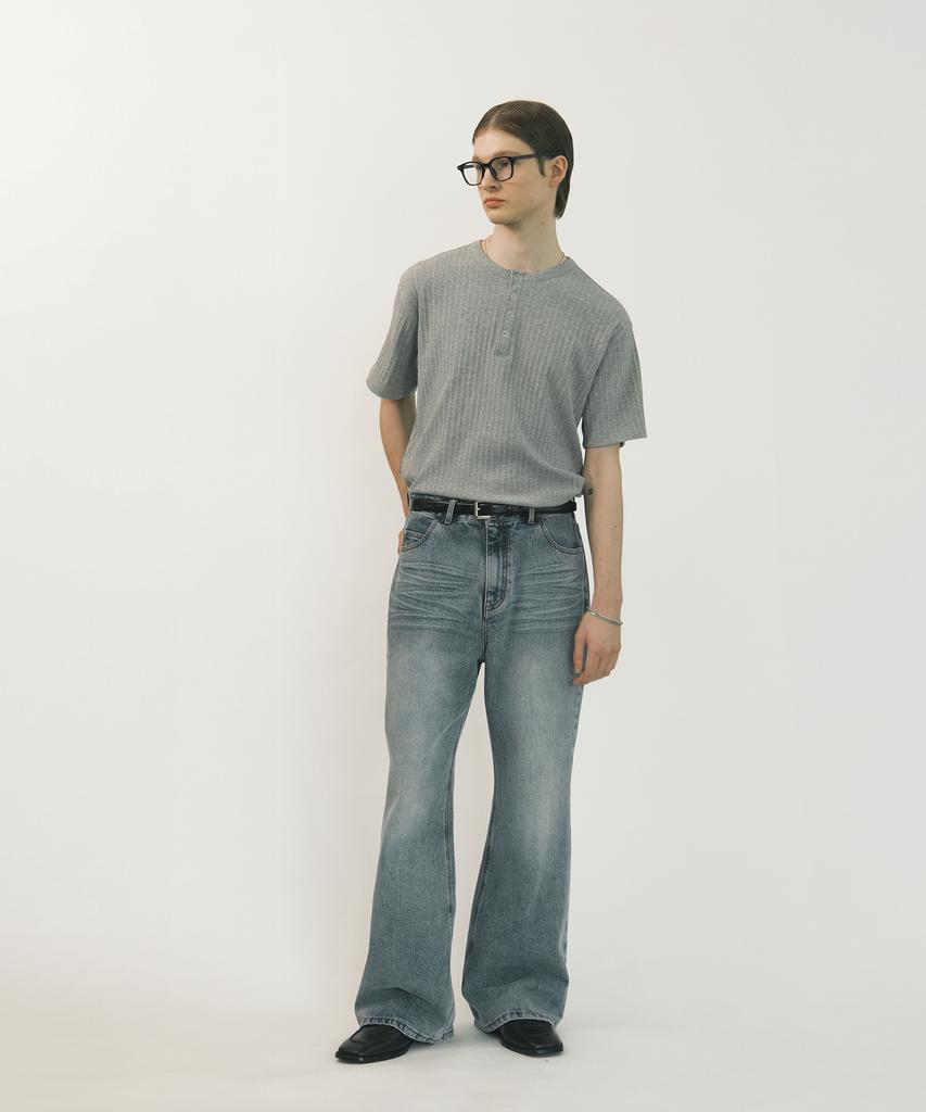 MINAV Cotton Ribbed Henley Neck T-Shirt [Melange Grey]