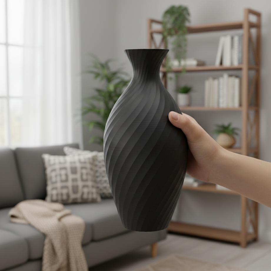 A decorative vase in the shape of a jug, black, for flowers, elegant design.