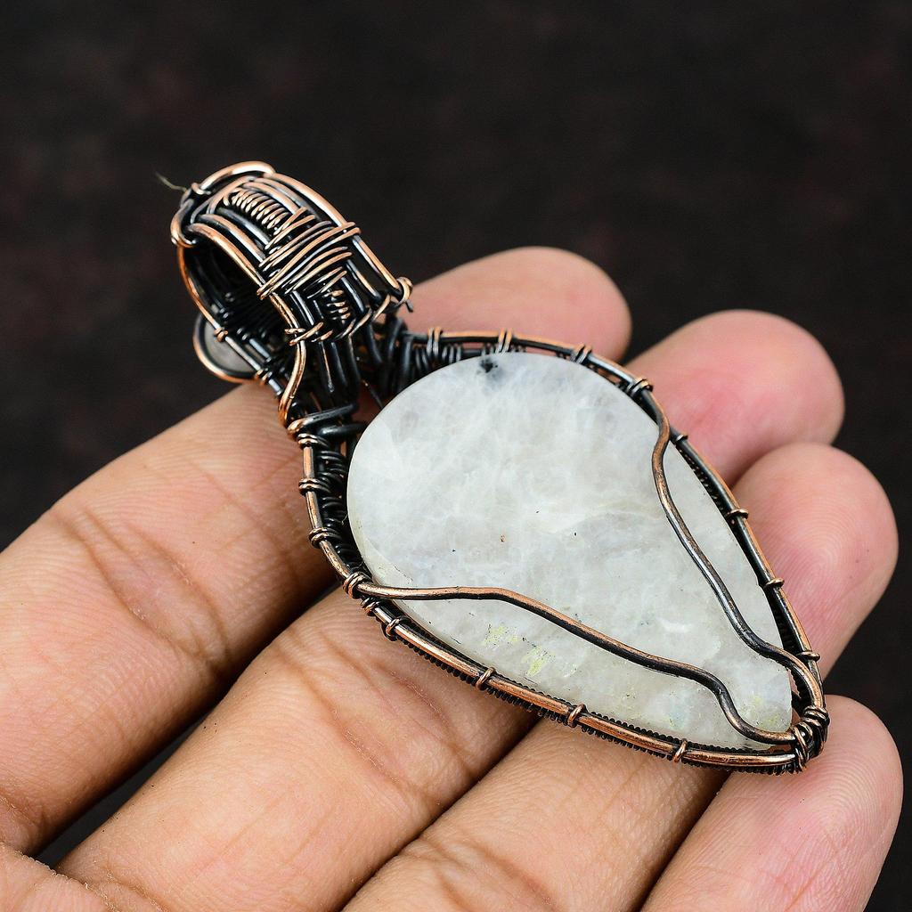 Подвеска Rainbow Moonstone, медная проволочная обертка, медные украшения, лунный камень, подвеска ручной работы, драгоценный камень, женские украшения, подарок для нее