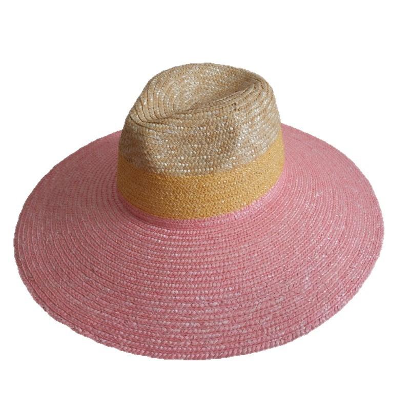 Spring and summer new hand-woven straw splicing pink big-brimmed straw hat outdoor sunscreen sunshade straw hat beach