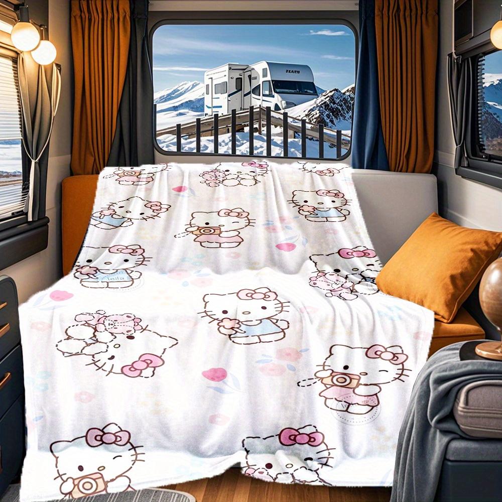 1pc Cute, Kitty, Flowers RV Blanket, Digital Printed Flannel Blanket, Multi-Purpose Four Seasons Hypoallergenic Quilt for Sofa, Bed, Office,