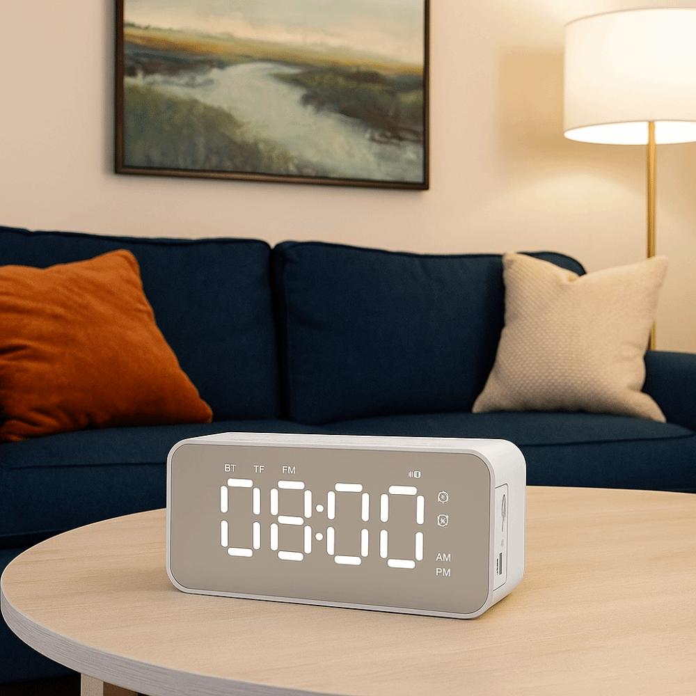 Digital Display Bluetooth Speaker Stereo Sound LED Mirror Clock Creative FM Radio Desktop