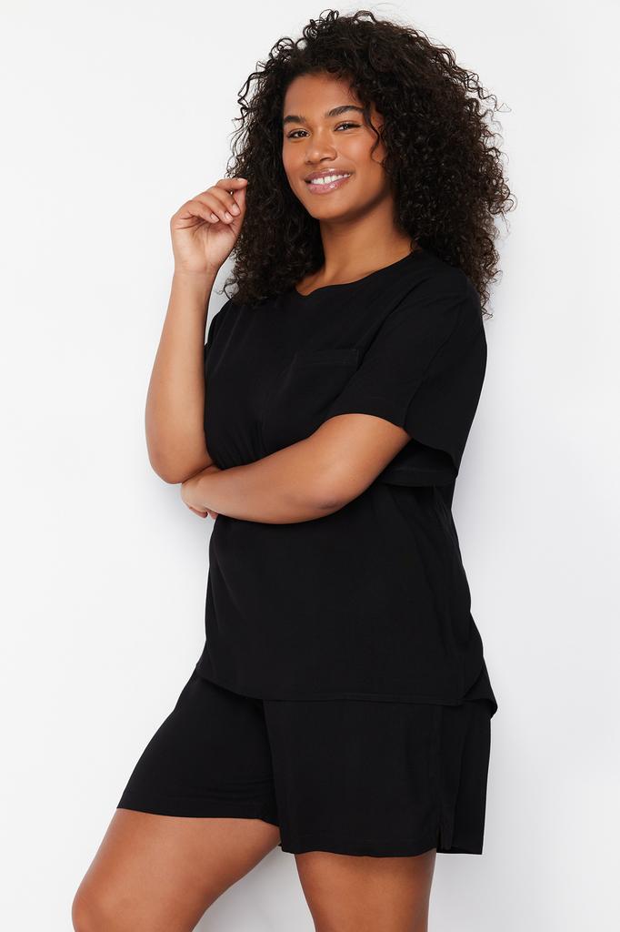 Women's Fashion New Plus Big Size Pajama Set Black Crew Neck Woven Pajama Set