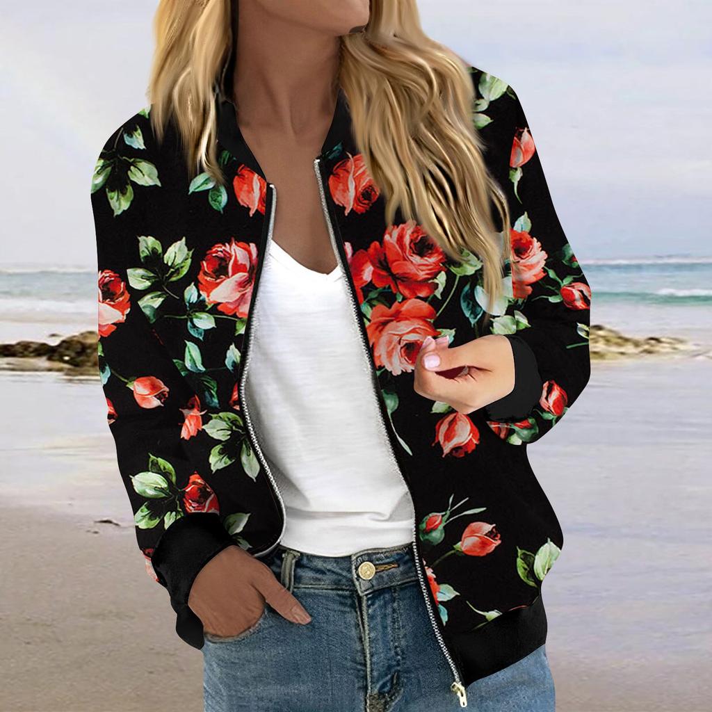 Куртки для женщин, легкие укороченные куртки с длинным рукавом на молнии, модная верхняя одежда с принтом, повседневные стеганые куртки с карманами