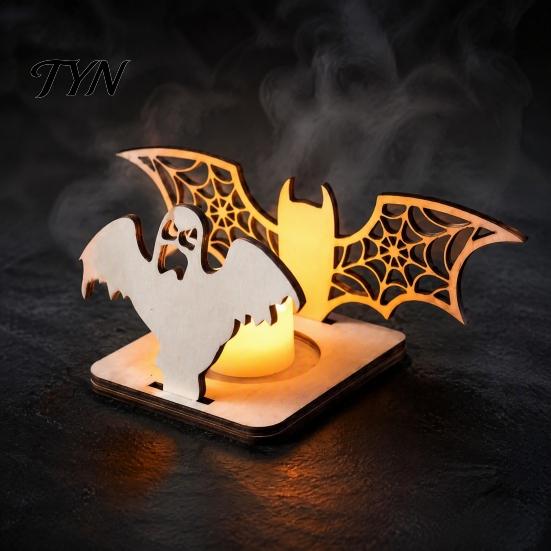 Window Silhouette Display Halloween Candle Holder, Spooky Pumpkin Bat Shadow Tealight Creative Casting Holder Vintage Wooden Candlestick Ornament for