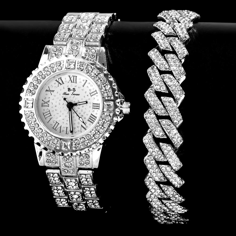 Мужской браслет-цепочка в стиле хип-хоп с кубинскими звеньями и наручными часами, блестящая цепочка со льдом, полный горный хрусталь, хрустальные браслеты, ювелирные изделия