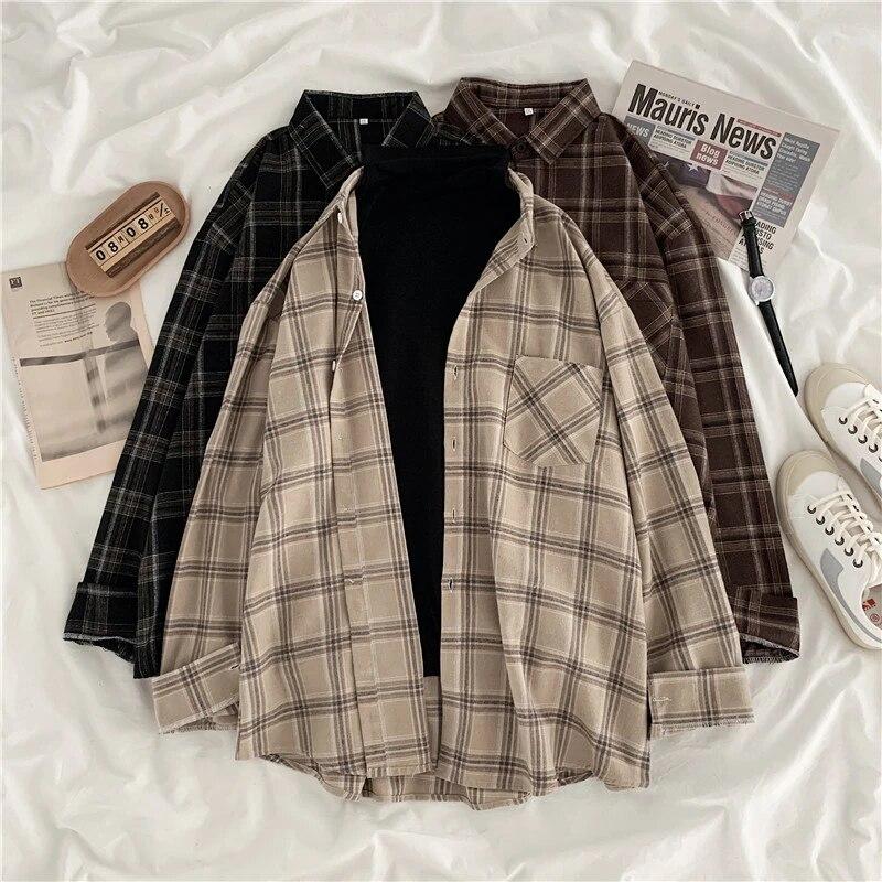 2023 Autumn Casual Vintage Plaid Shirts Fashion Women Korean Style Long Sleeve Button Up Shirt Tops Office Blusas Elegant 29399
