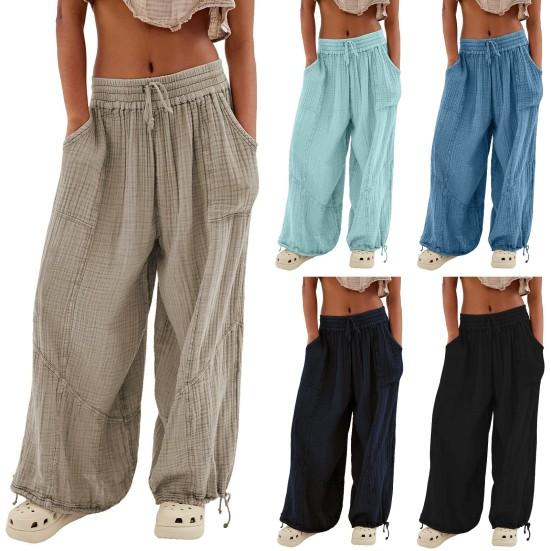 Women Pants High Elastic Waist Drawstring Wide Leg Loose Deep Crotch Pleated Ankle-banded Pockets Solid Color Soft Lady Casual Trousers