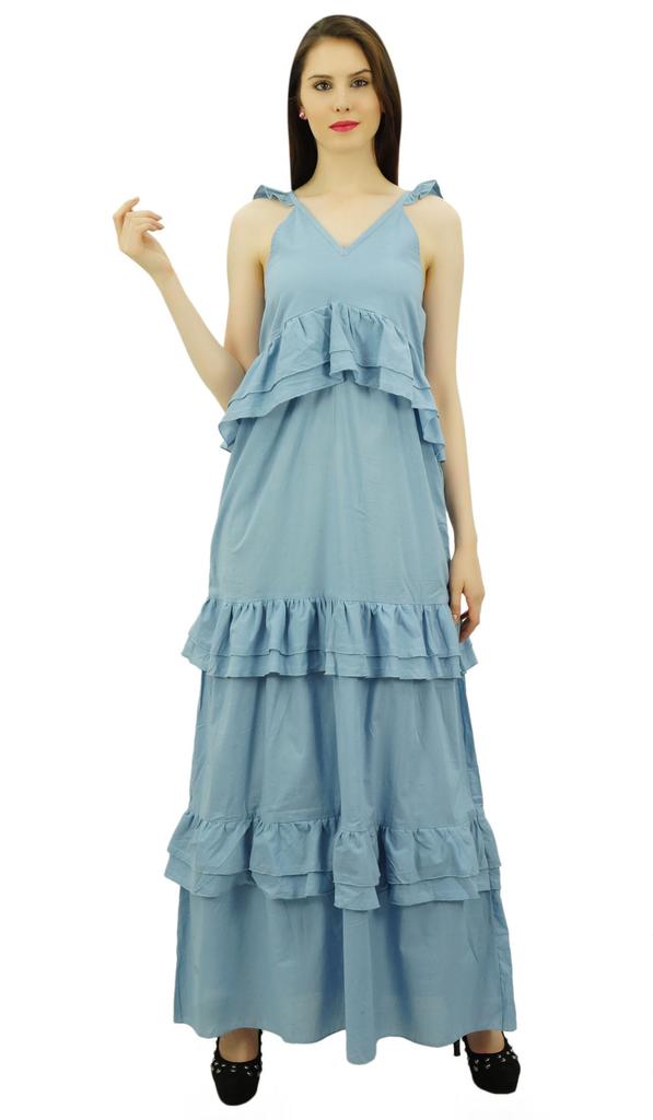 Bimba Sexy Summer Spaghetti Strap Sundress V-Neck Casual Ruffle Long Maxi Beach