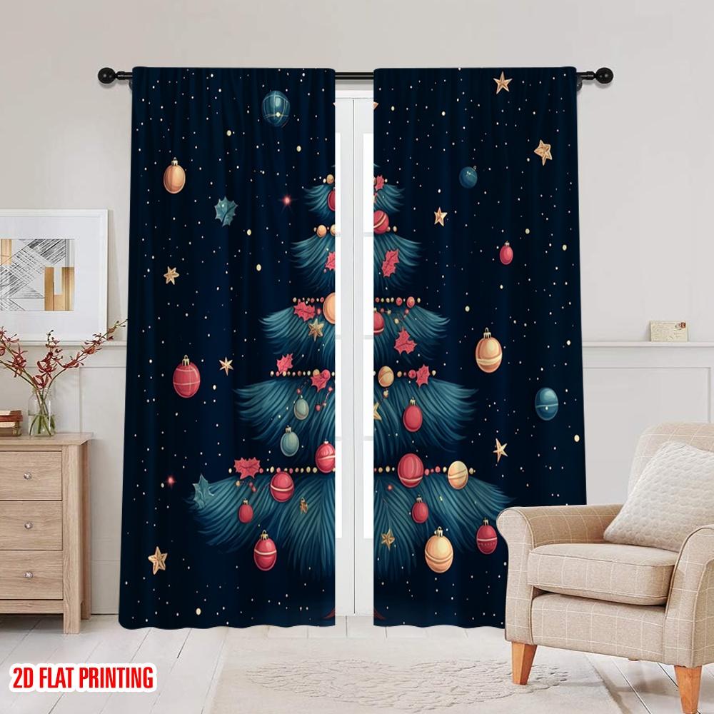 2pcs,2D plane printing Print Curtains Christmas Tree Ornaments Stars_a (3) Polyester (without rod) Decorations Inside Use for