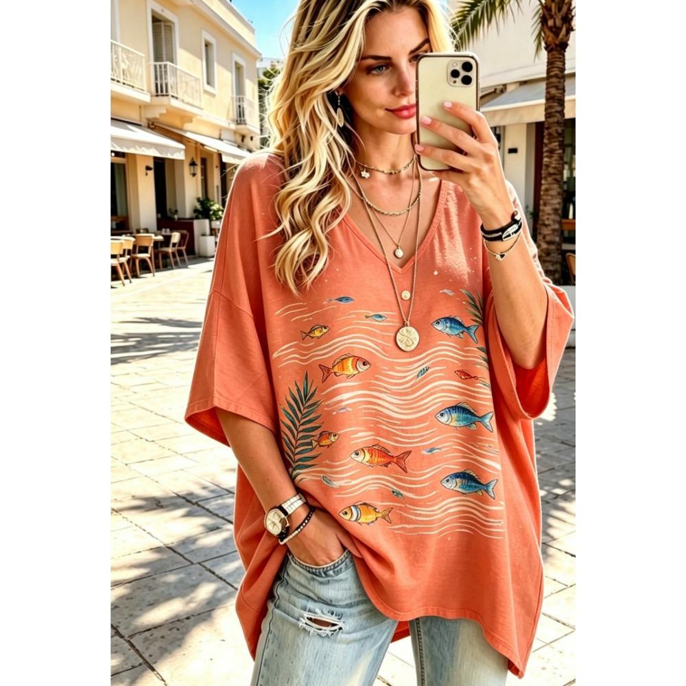 Women's 3D Printed T-shirt, Plus Size V-neck Women's Ethnic Style, European and American Art Three-quarters Bat Sleeve Casual Top