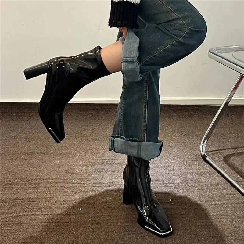 Женские ботильоны на высоком каблуке, высококачественные лакированные ankle boots, ботильоны с характером, облегающие, короткие, роскошные кожаные ботильоны на высоком каблуке