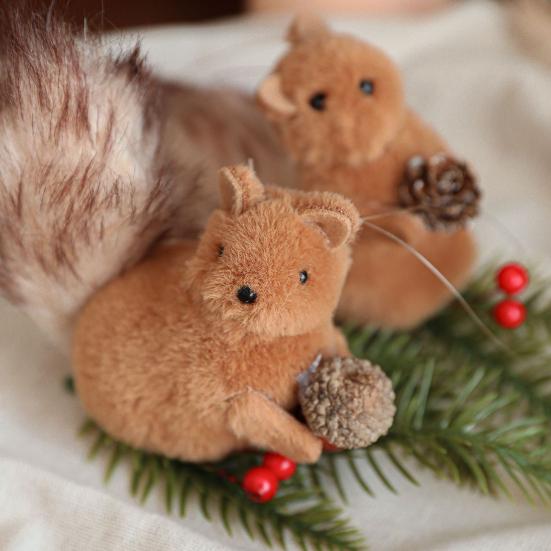 Christmas Squirrel Ornament Foam Plush Squirrel Figurine with Pinecones Branches Furry Forest Animal Hanging Decoration for Holiday Xmas Tree Home
