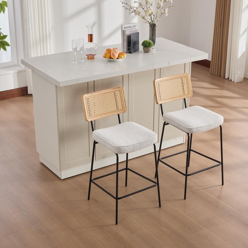 Modern Bar Stool in High-Gloss Design, 2 Chairs per Pack, Seat Made of Chenille Fabric, Backrest with Wood Frame and Rattan Look, Metal Legs.-Ivory