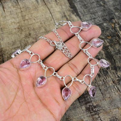 Серебряное ожерелье с розовым кунцитом, розовое ожерелье, ожерелье с драгоценными камнями, ювелирные изделия из стерлингового серебра 925 пробы, изящное ожерелье с кристаллами из серебра 925 пробы для нее