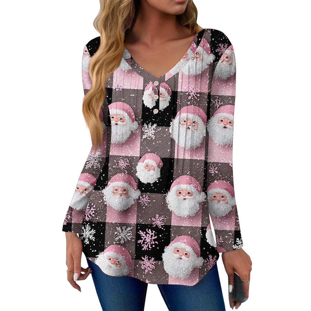 Women's Fashion Casual Christmas Tree Print V-Neck Decorative Button Long Sleeve T-Shirt Top