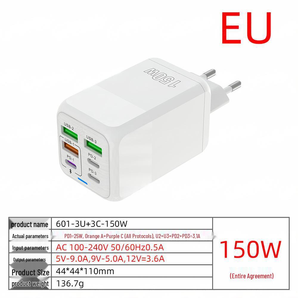 Многопортовое зарядное устройство мощностью 150 Вт: 3 розетки + 3 USB для Apple, Huawei и других. Быстрая зарядка