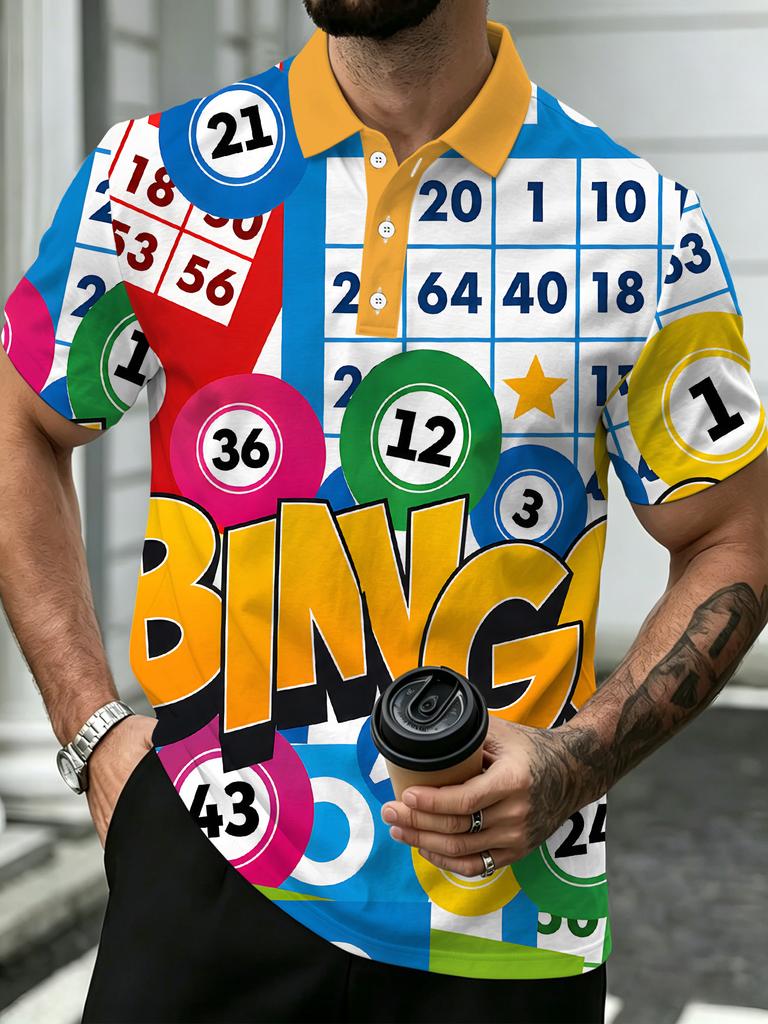 Plus Size Men'S Short Sleeve Polo Bingo Style Casual Loose Collared T-Shirt with Bingo Elements Print Outdoor Sports Short Sleeve Shirt with