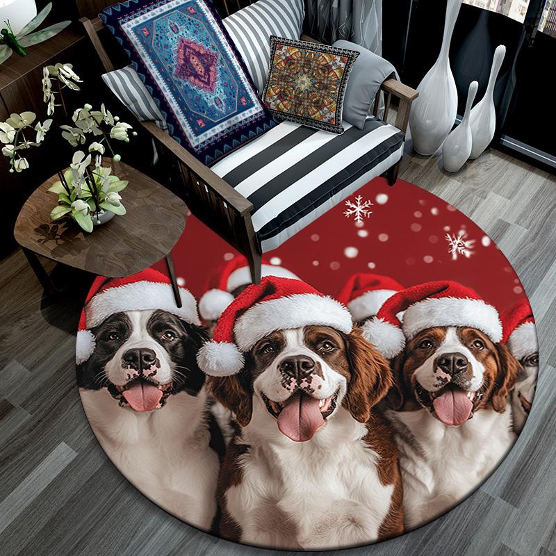 Dogs in Santa Hats Round Area Rug,Carpet Rug for Living Room Bedroom Sofa Playroom Decor,Non-slip Floor Mat