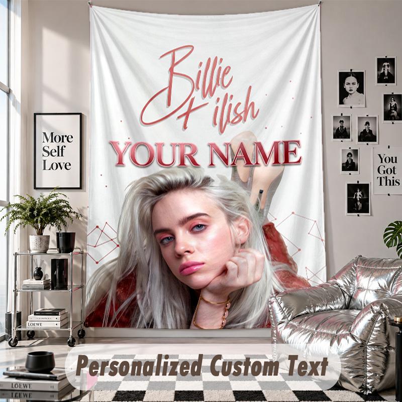 Wall Hanging Tapestry With Custom Name & Text, Billie Eilish Decorative Tapestry For Bedroom