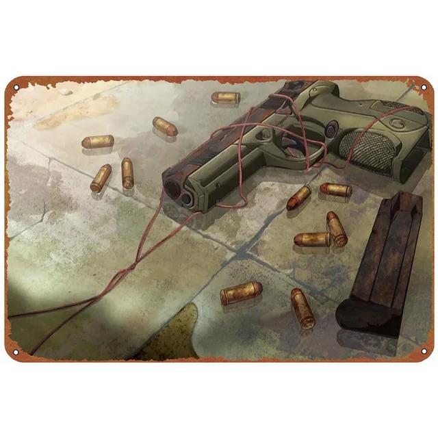 Винтажная военная пистолетная табличка Металлическая жестяная вывеска Настенный декор для мужской пещеры Дома Кафе Сада Клуба Бара Ретро Художественный плакат Железная краска