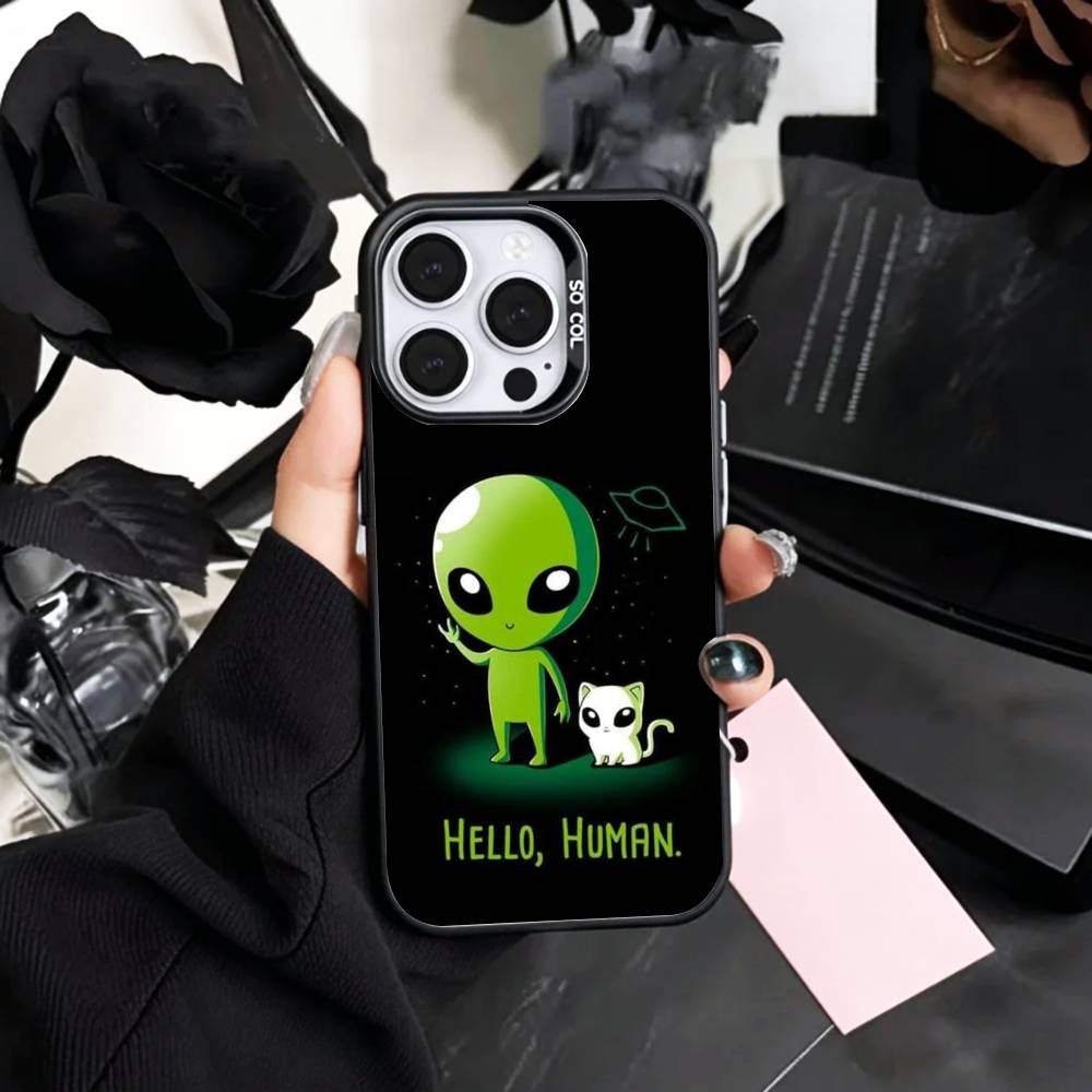 Cool C-Cartoon Alien Space Phone Case For iPhone17,16,15,14,13,12,11 Plus,Pro Max Colored Silver Plated Inside Cover