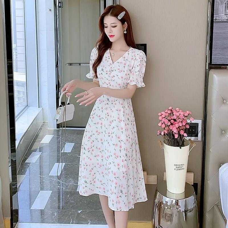 Шифоновое платье с короткими рукавами и цветочным принтом для женщин, летнее платье трапециевидной формы с v-образным вырезом и v-образным вырезом в женском стиле