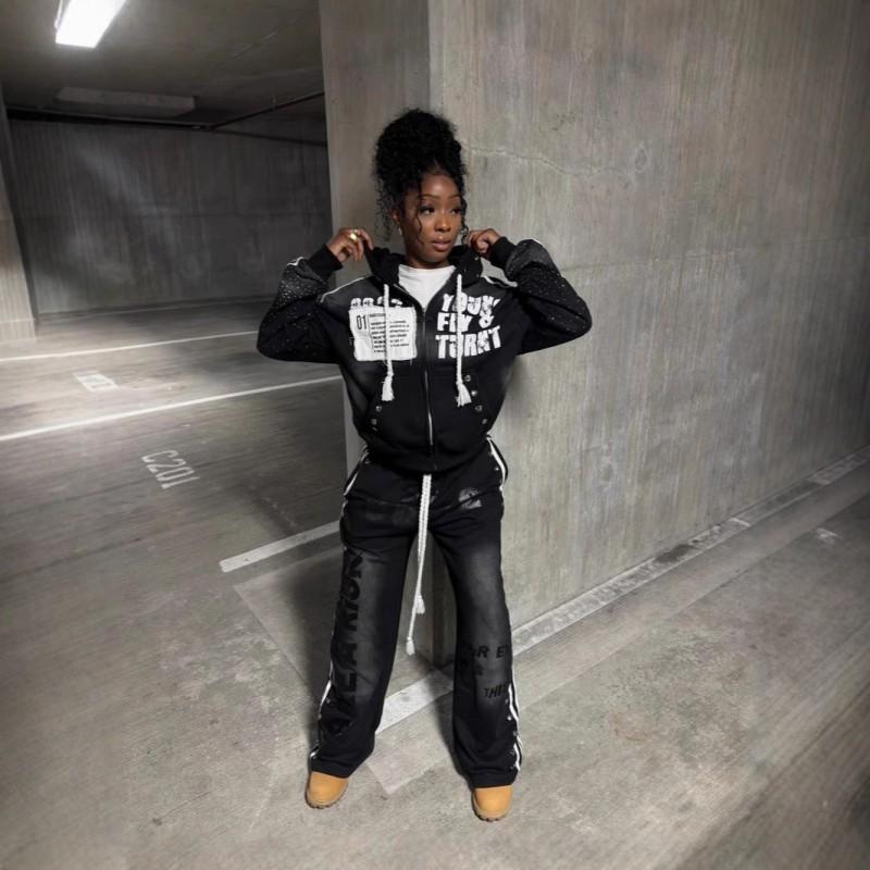 Hooded Sweatshirt Set Streetwear Print Zip Up Jacket Casual Pants Unisex