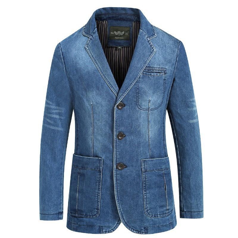 Denim Jacket Men Blazer Jacket Slim Fit Military Jacket Single Breasted Turn-down Collar Jeans Coat