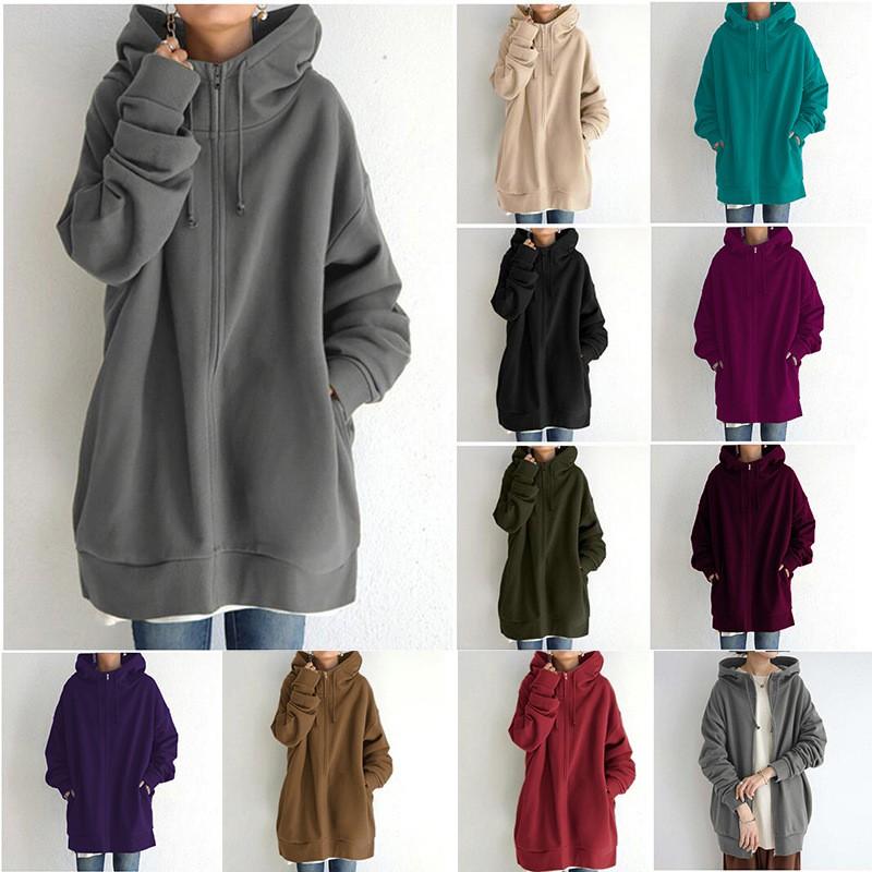 Womens Long Hooded Zipper Sweatshirt Winter Warm Fleece Lined Casual Streetwear Oversized Pullover