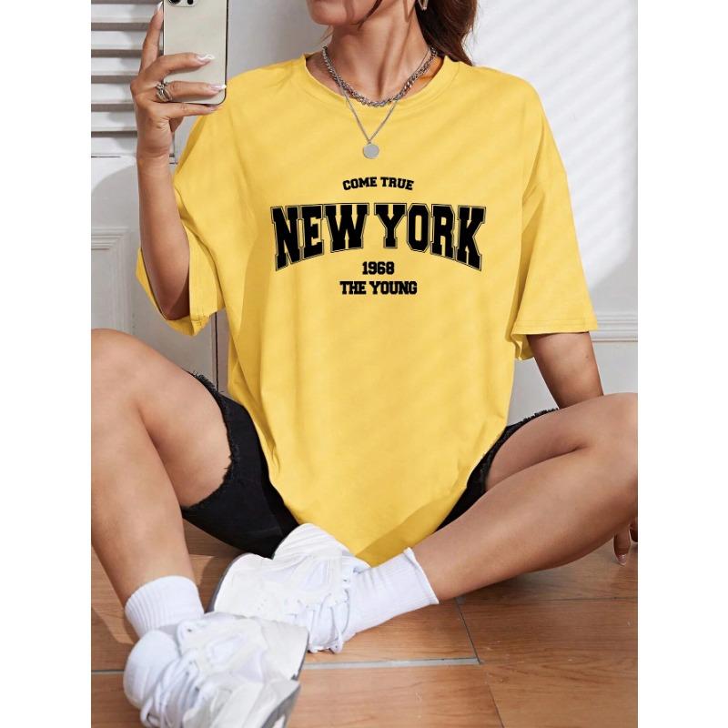 Летняя футболка с круглым вырезом и принтом надписи "NEW YORK 1968 THE YOUNG", модная, повседневная, из чистого хлопка, с коротким рукавом, женская