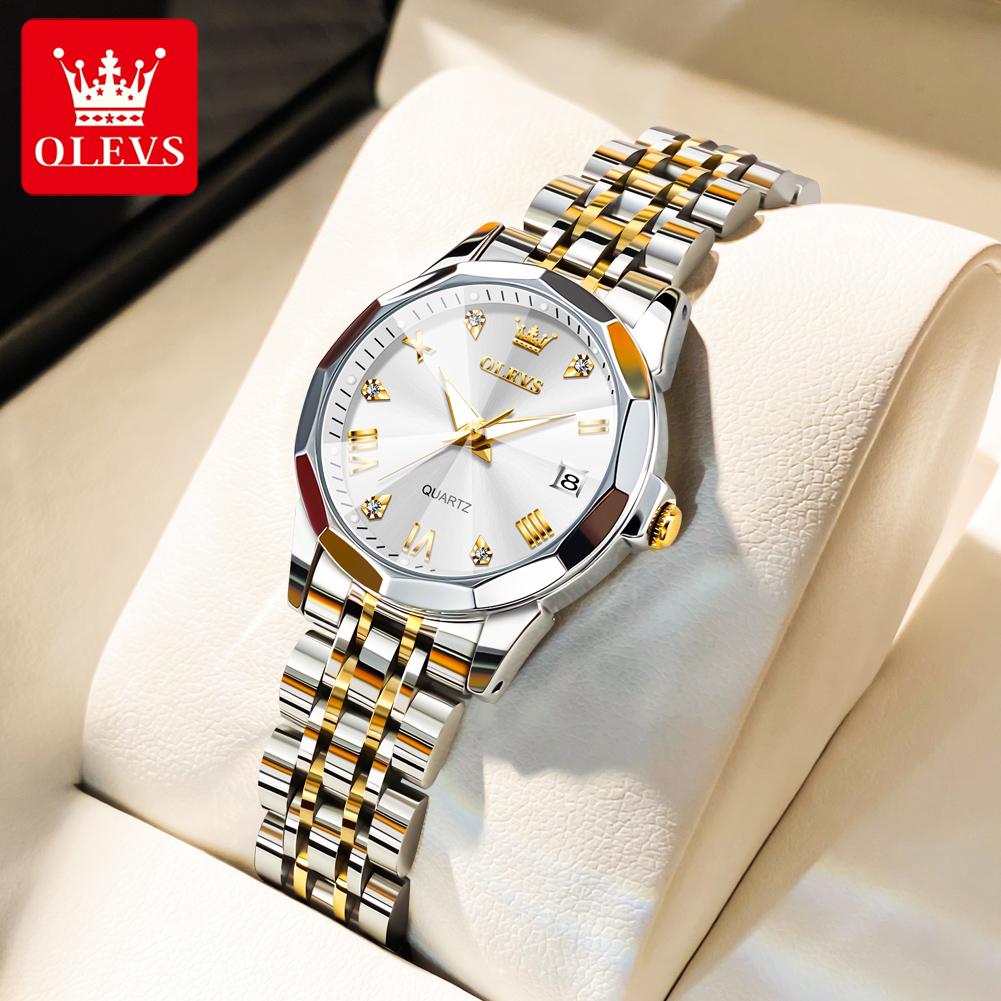 OLEVS Women Watches Elegant Luxury Stainless Steel Strap Original Quartz Wristwatch for Man Waterproof Luminous Date Trend Dress