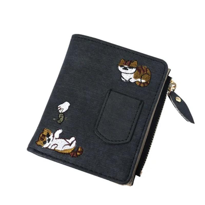 Fashion Cowboy Style Wallet Cat Embroidery Pattern Large Capacity Buckle Phone Pocket Bag Coin Purses for Women Men