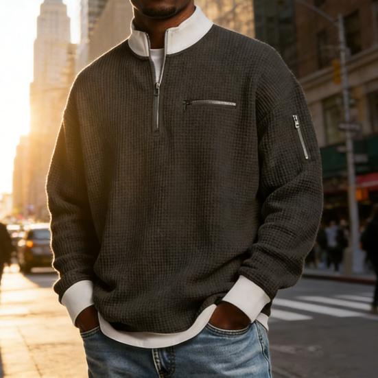 Мужская вафельная толстовка на молнии до четверти с воротником-стойкой, повседневный пуловер, блок цветов, топ с длинным рукавом для офиса, улицы, спортзала