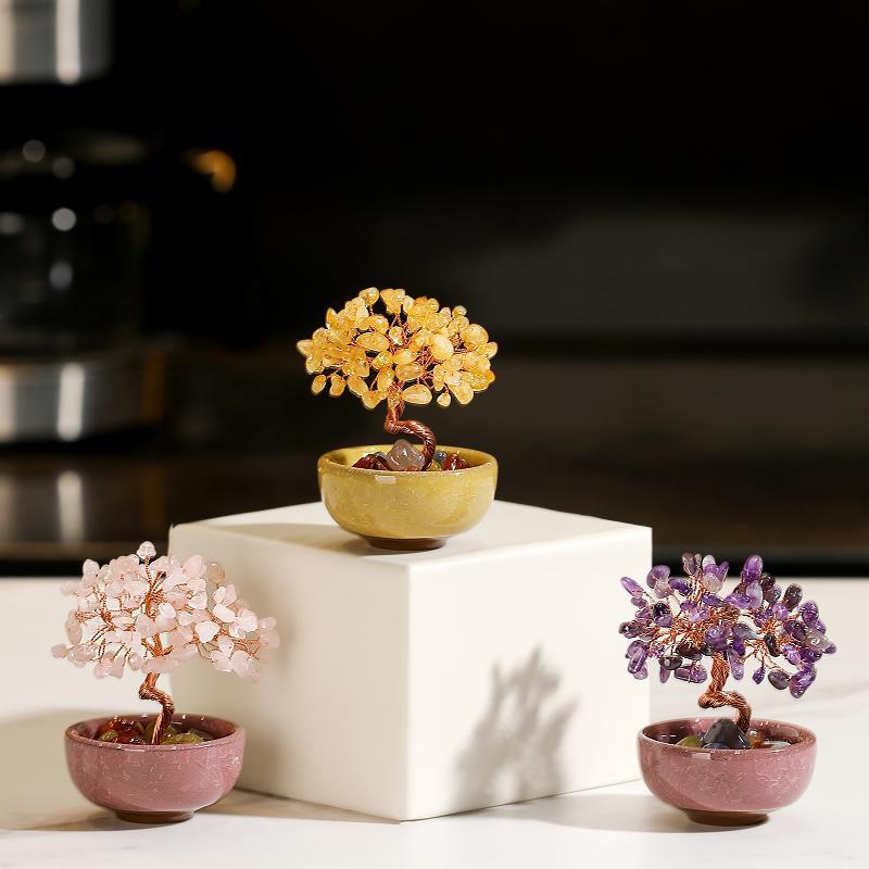Natural Citrine Money Tree Ornament for Wealth and Healing, Pink and Purple Home Desktop Decoration