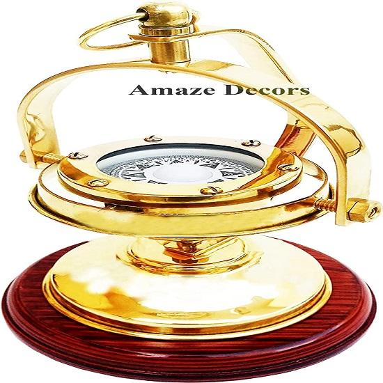 Brass Gimbled Compass Nautical Brass Compass On Wooden Base Marine Ship Compass