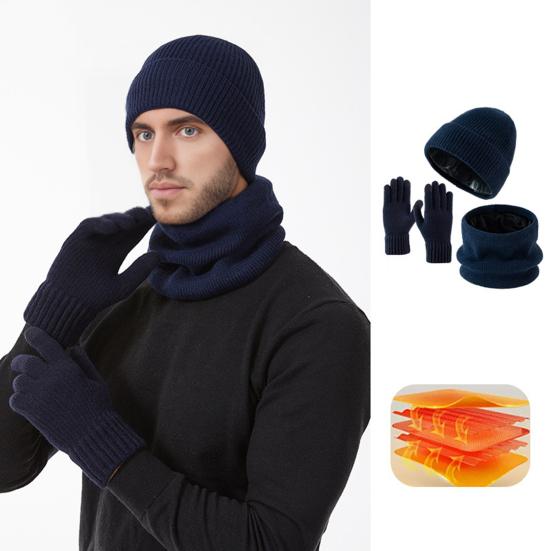 Yousheng 3Pcs/Set Winter Hat Scarf Gloves Set Solid Color Windproof Brimless Hat Neck Warmer Touch Screen Gloves Set