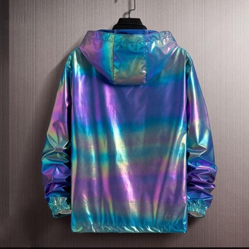 Unisex Shiny Jacket Laser Hooded Coat Iridescent Holographic Harajuku Sun Protect Top Plus Size