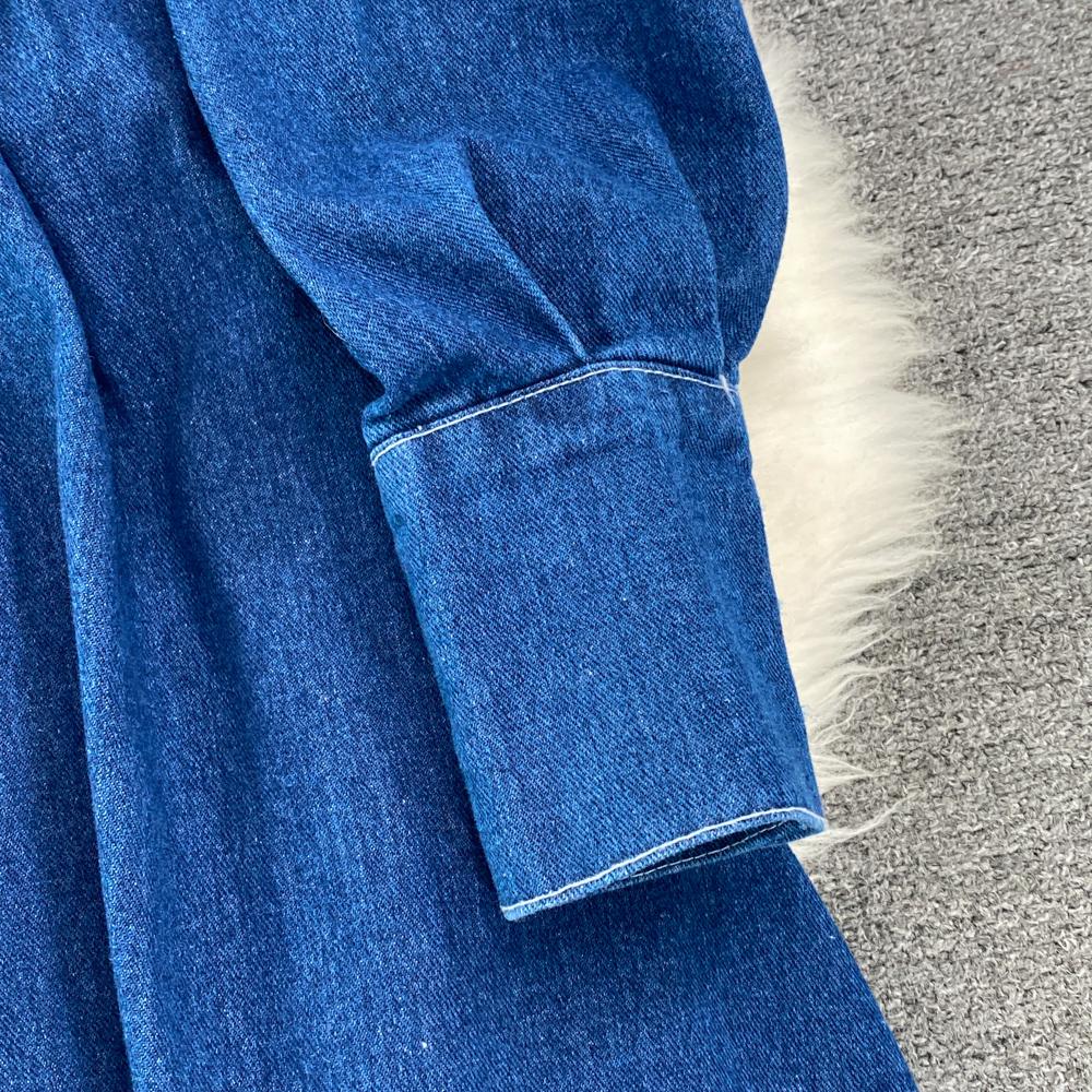 RUGOD Весеннее и осеннее джинсовое платье трапециевидной формы с воротником на талии и талией. Элегантное длинное платье.