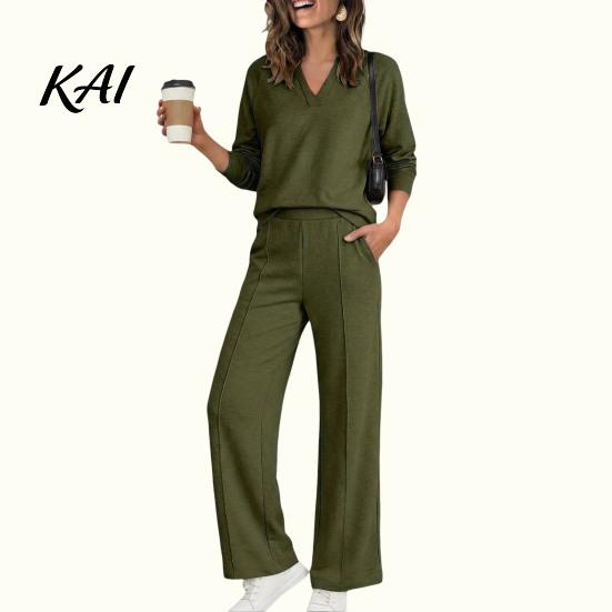 Women Sweatshirt Pants 2-Piece Set, V-Neck Long Sleeve Top & Wide Two Piece Sets Leg Trousers with Elastic Waist, Solid Color Matching Lounge Set