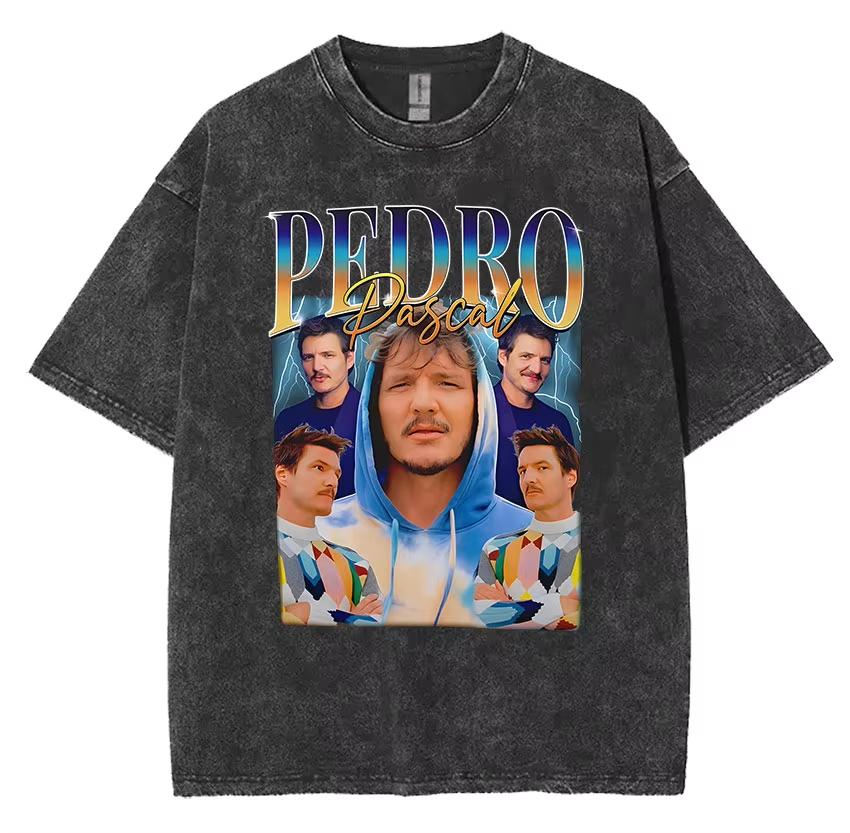 Limited Pedro Pascal Actor Washed Vintage T Shirt Men Women Casual Oversized T-shirt Fashion High Quality Cotton Tees Streetwear