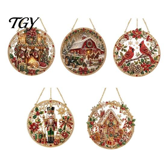 Christmas Tree Decorations Rhinestone Painting Suncatcher Kit, Round DIY Hanging Decor Indoor Outdoor Festive for Home, Craft Pendant Holiday