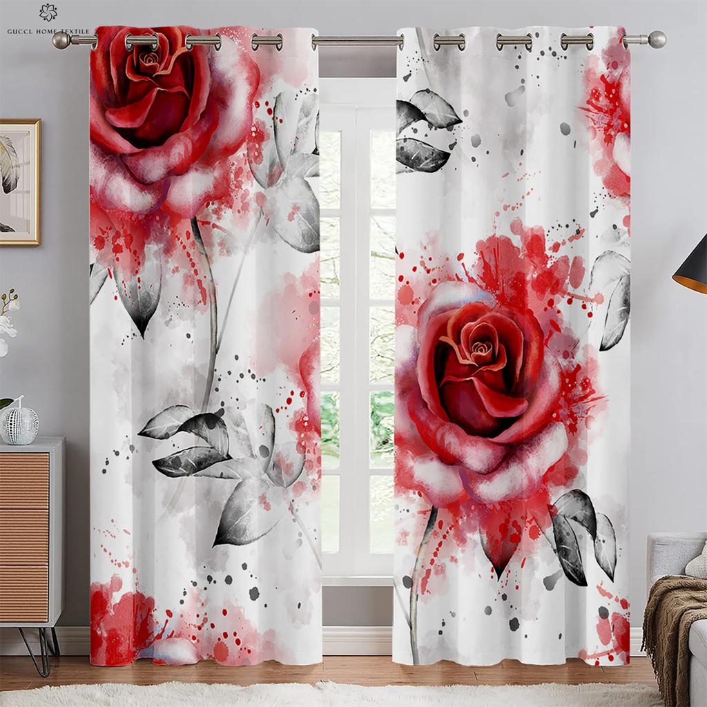 Romantic Rose Red Retro Print Curtain, Rod Pocket Curtain, Bedroom, Living Room, Kitchen, Outdoor Decorative, 2 Pieces