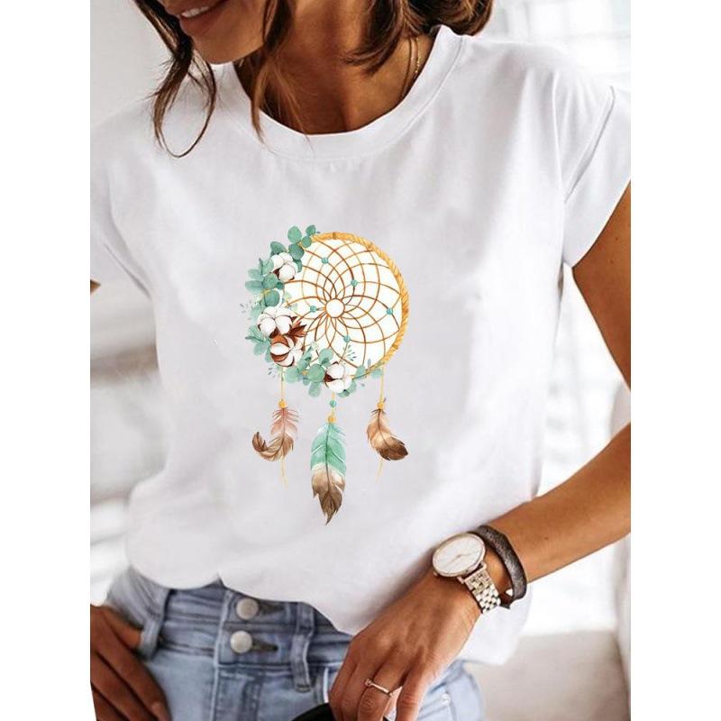 Весна Лето Женская одежда Love Flower Plant Printed Casual Simple Trend Top Round Neck Чистый хлопок Короткие рукава Футболки женские