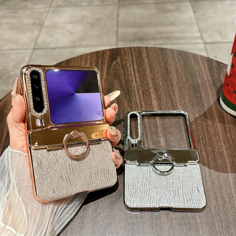 Pura X Foldable Phone Case With Water Ripple Electroplating Ring Kickstand Glitter Hinge Shockproof PC Leather Cover