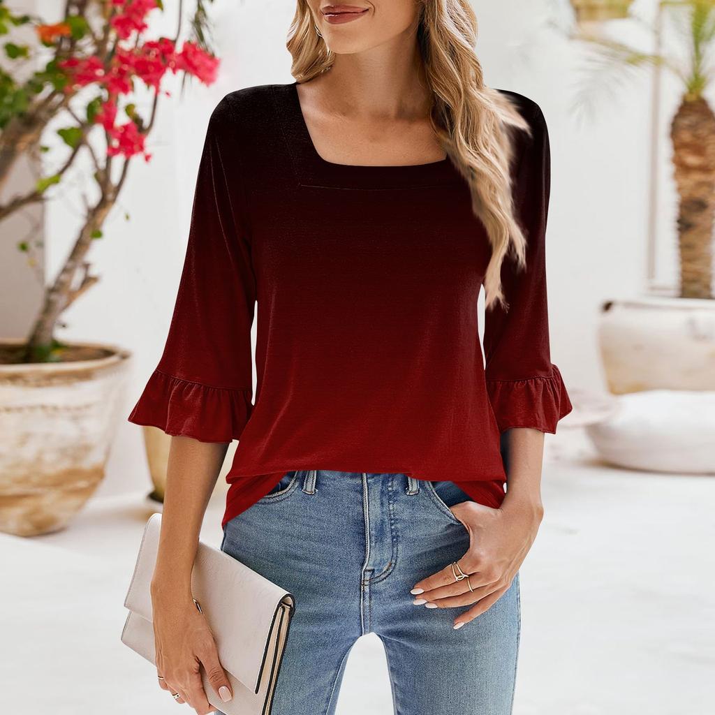 Женские повседневные топы с рукавами 3/4, летние футболки с квадратным вырезом, свободные туники с рюшами, блузки-туники