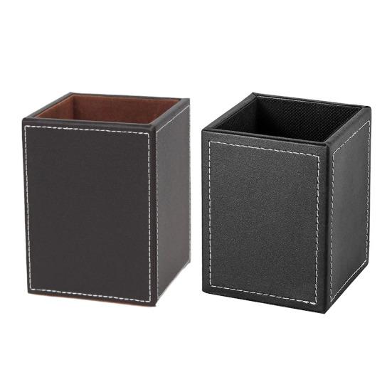 Pen Holder White Stitching Faux Leather Desk Organizer Waterproof Easy To Clean Square Pencil Holder