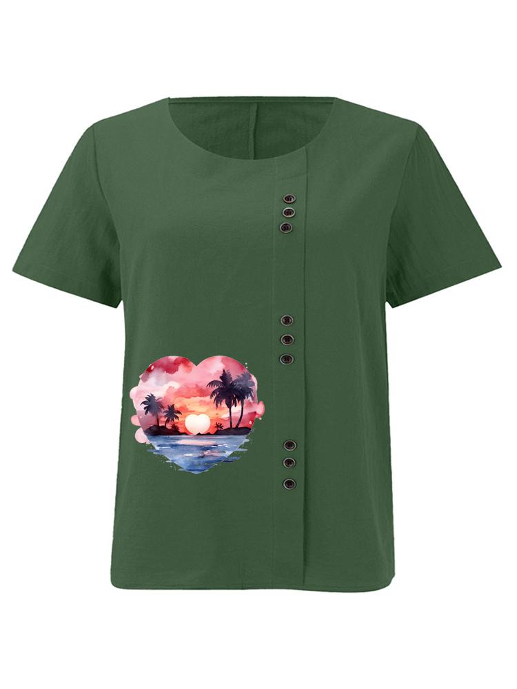 Women's Fashion Heart-shaped Scenery Printing Shot Sleeve T-shirt Loose Cotton Shirt Casual Loose Summer Blouse Tops Plus Size
