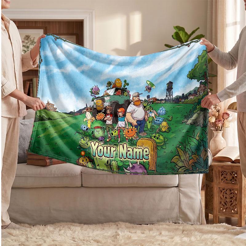 Plants vs. Zombie Personalized Flannel Blanket, Custom Printed Text Name, Warm Soft Blanket For Couch Bed